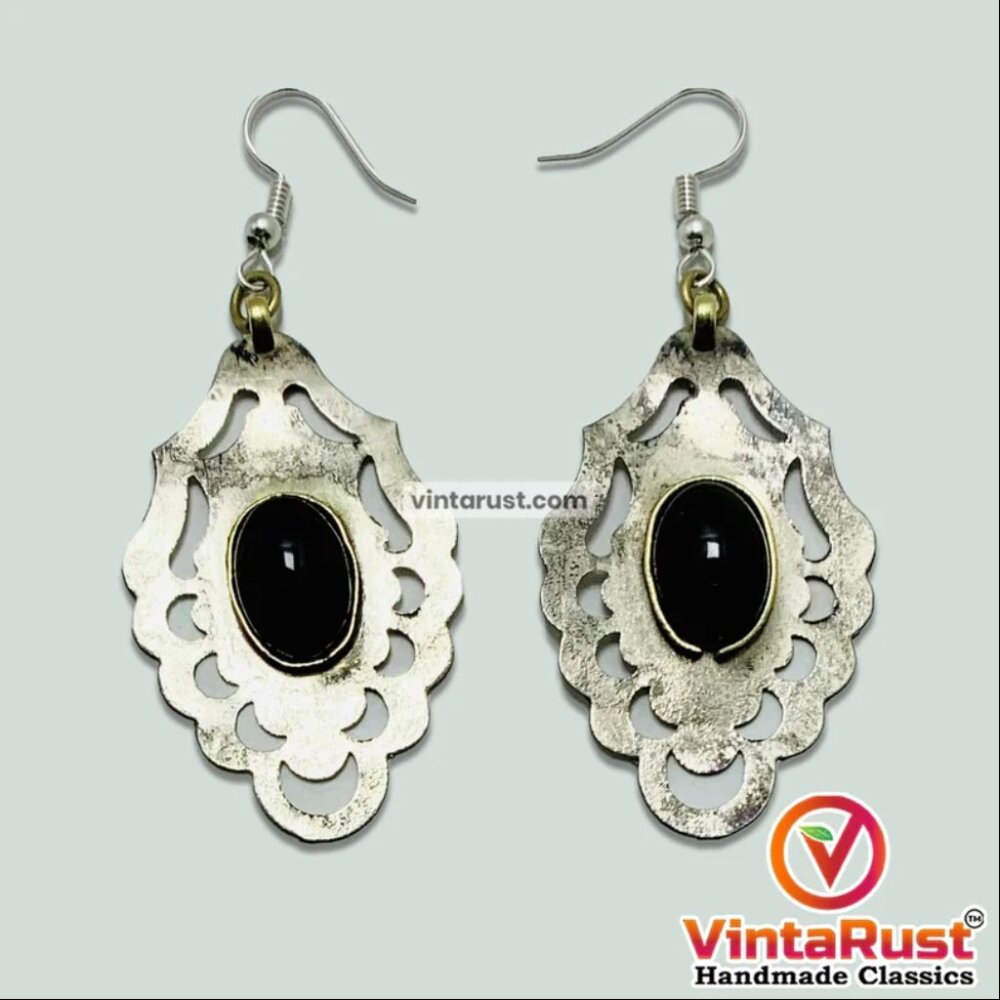 Vintage Turkmen Earrings With Black Onyx, Silver Boho Dangling Earrings, Turkmen